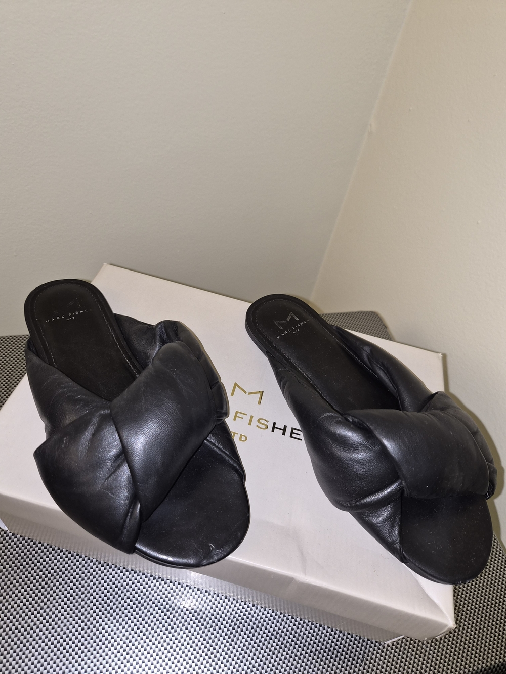 Marc Fisher Black Knotted Leather Slide Sandals